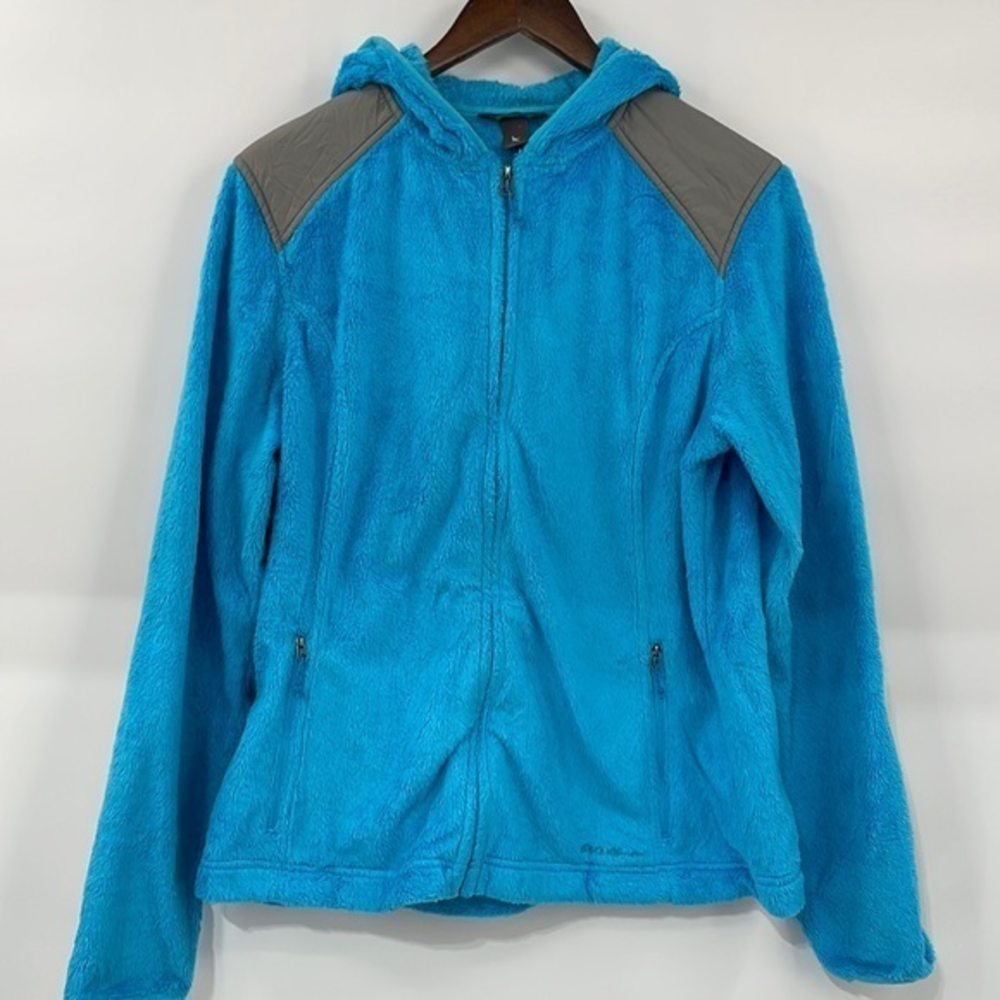 Eddie Bauer Large Fleece Hoodie Womens Blue Full Zip High Pile Plush Jacket
